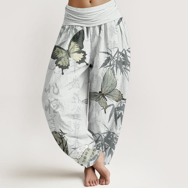 Pantalones harén de algodón puro con diseño de Buddha Stones, hojas de bambú y caracteres chinos para mujer, con cintura elástica