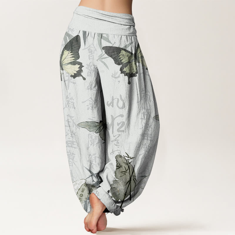 Pantalones harén de algodón puro con diseño de Buddha Stones, hojas de bambú y caracteres chinos para mujer, con cintura elástica