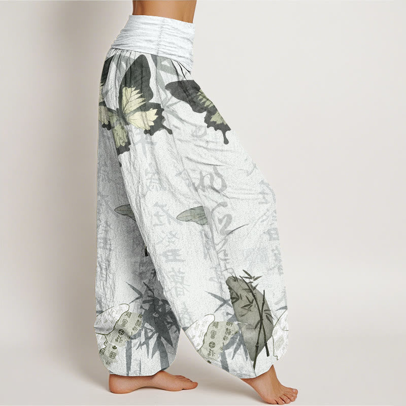 Pantalones harén de algodón puro con diseño de Buddha Stones, hojas de bambú y caracteres chinos para mujer, con cintura elástica