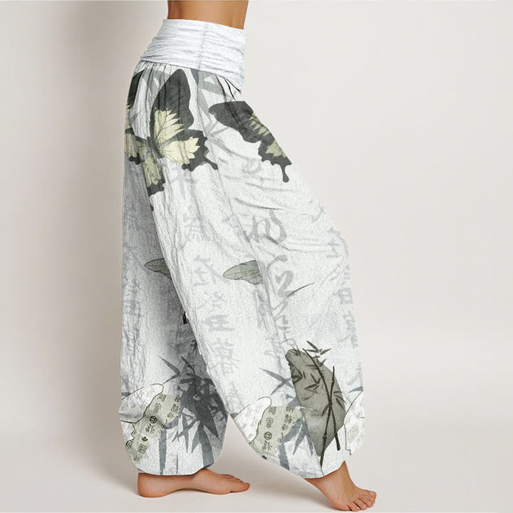 Pantalones harén de algodón puro con diseño de Buddha Stones, hojas de bambú y caracteres chinos para mujer, con cintura elástica