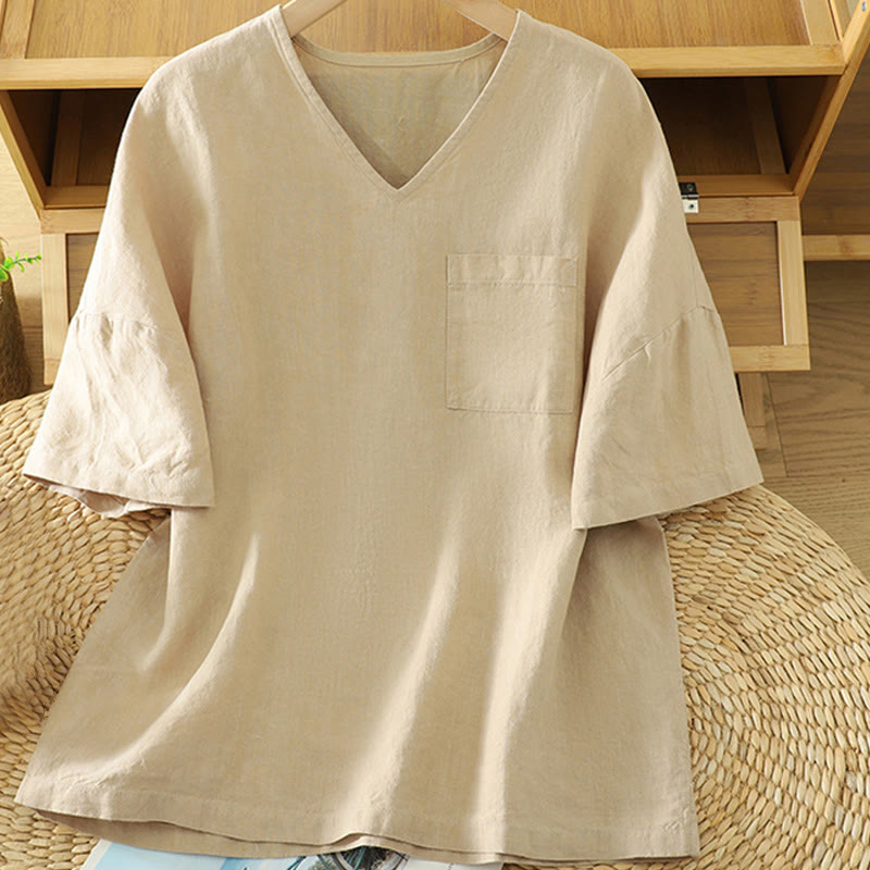 Camiseta informal de algodón y lino con cuello en V y bolsillo para mujer de Buddha Stones - Trigo - US14，UK/AU18，EU46 (2XL) - image 1