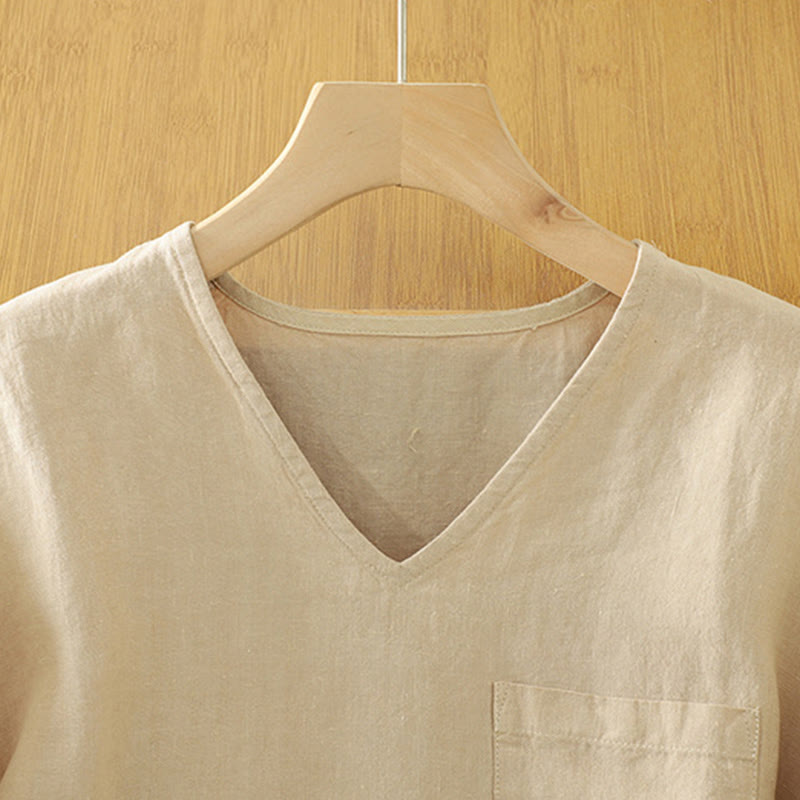 Camiseta informal de algodón y lino con cuello en V y bolsillo para mujer de Buddha Stones - image 2