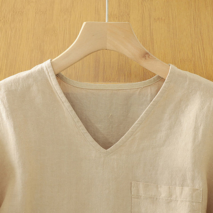 Camiseta informal de algodón y lino con cuello en V y bolsillo para mujer de Buddha Stones - image 2