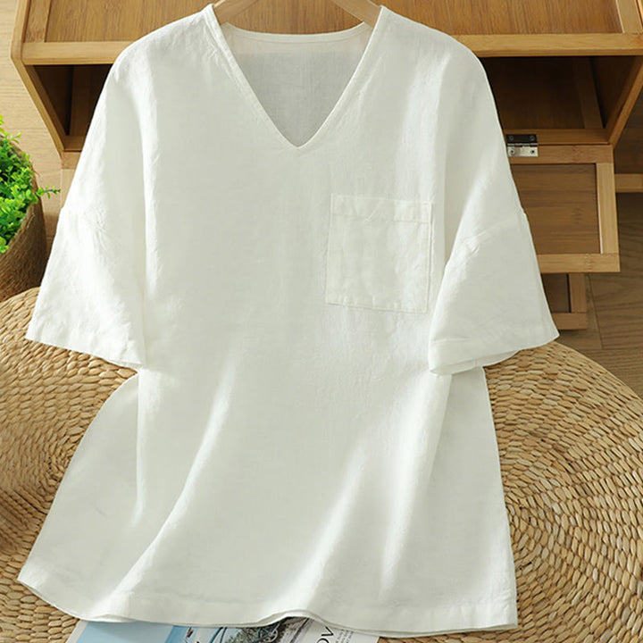 Camiseta informal de algodón y lino con cuello en V y bolsillo para mujer de Buddha Stones - Blanco - US14，UK/AU18，EU46 (2XL) - image 6