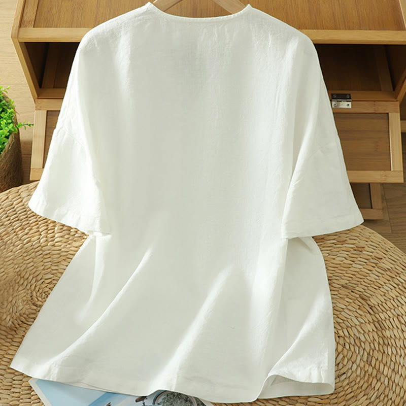 Camiseta informal de algodón y lino con cuello en V y bolsillo para mujer de Buddha Stones - image 7
