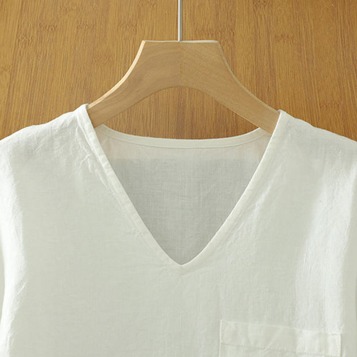 Camiseta informal de algodón y lino con cuello en V y bolsillo para mujer de Buddha Stones - image 8