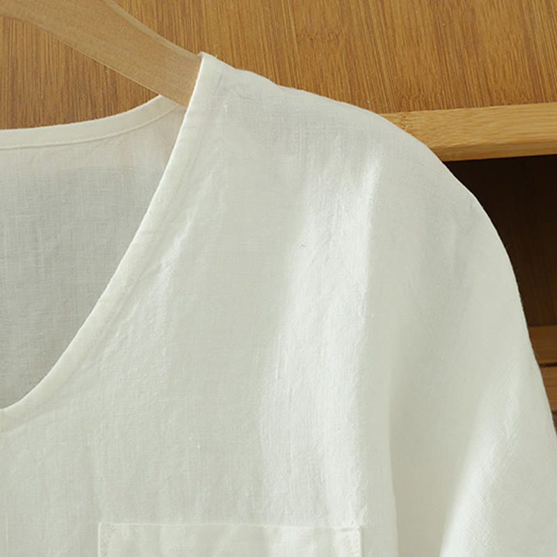 Camiseta informal de algodón y lino con cuello en V y bolsillo para mujer de Buddha Stones - image 14
