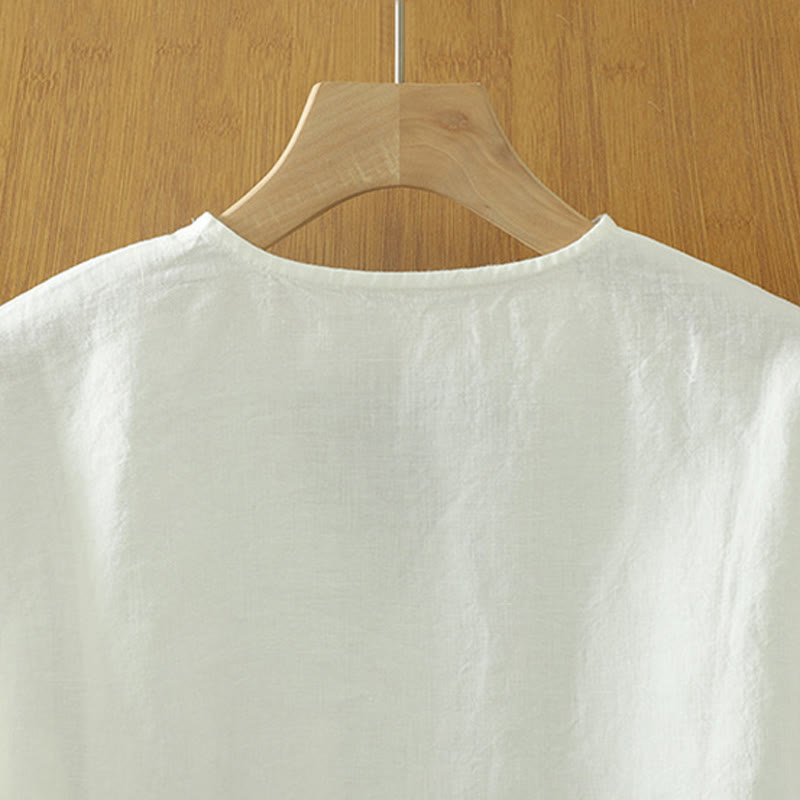 Camiseta informal de algodón y lino con cuello en V y bolsillo para mujer de Buddha Stones - image 9