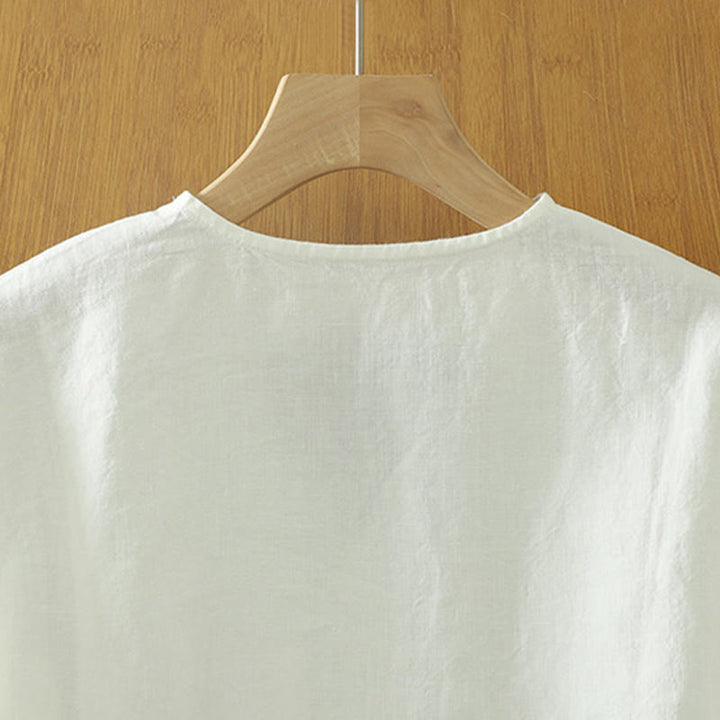 Camiseta informal de algodón y lino con cuello en V y bolsillo para mujer de Buddha Stones - image 9