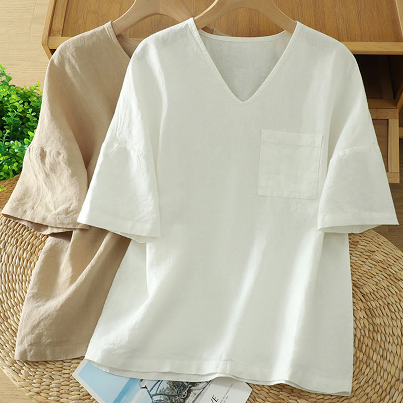 Camiseta informal de algodón y lino con cuello en V y bolsillo para mujer de Buddha Stones - image 15