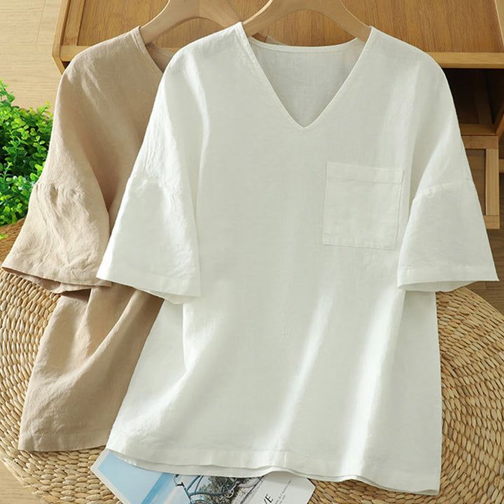 Camiseta informal de algodón y lino con cuello en V y bolsillo para mujer de Buddha Stones - image 15