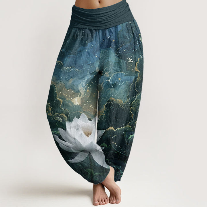 Pantalones Buddha Stones de algodón puro con estampado de loto, cielo estrellado y nubes para mujer, cintura elástica - cian oscuro - US22，UK/AU26，EU54 (6XL) - image 0