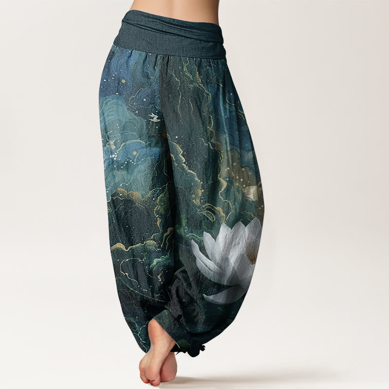 Pantalones Buddha Stones de algodón puro con estampado de loto, cielo estrellado y nubes para mujer, cintura elástica - image 1