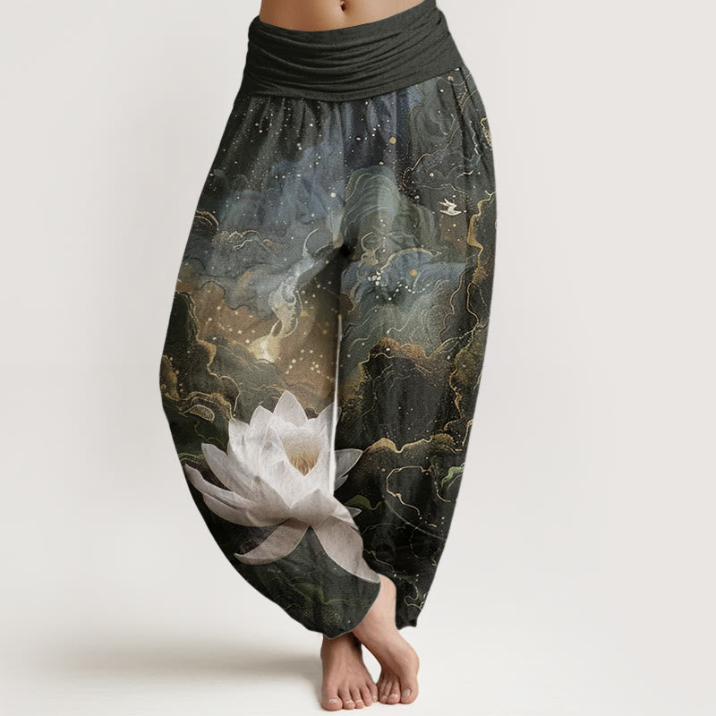 Pantalones Buddha Stones de algodón puro con estampado de loto, cielo estrellado y nubes para mujer, cintura elástica - Marrón silla de montar - US22，UK/AU26，EU54 (6XL) - image 6