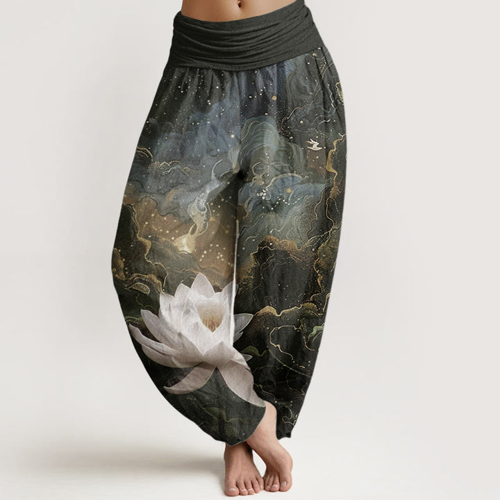 Pantalones Buddha Stones de algodón puro con estampado de loto, cielo estrellado y nubes para mujer, cintura elástica - Marrón silla de montar - US22，UK/AU26，EU54 (6XL) - image 6