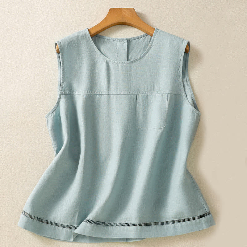 Chaleco sin mangas de algodón para mujer con diseño de botones y cuello redondo sencillo con Buddha Stones - Azul polvoriento - US8-10，UK/AU12-14，EU40-42 (2XL) - image 6