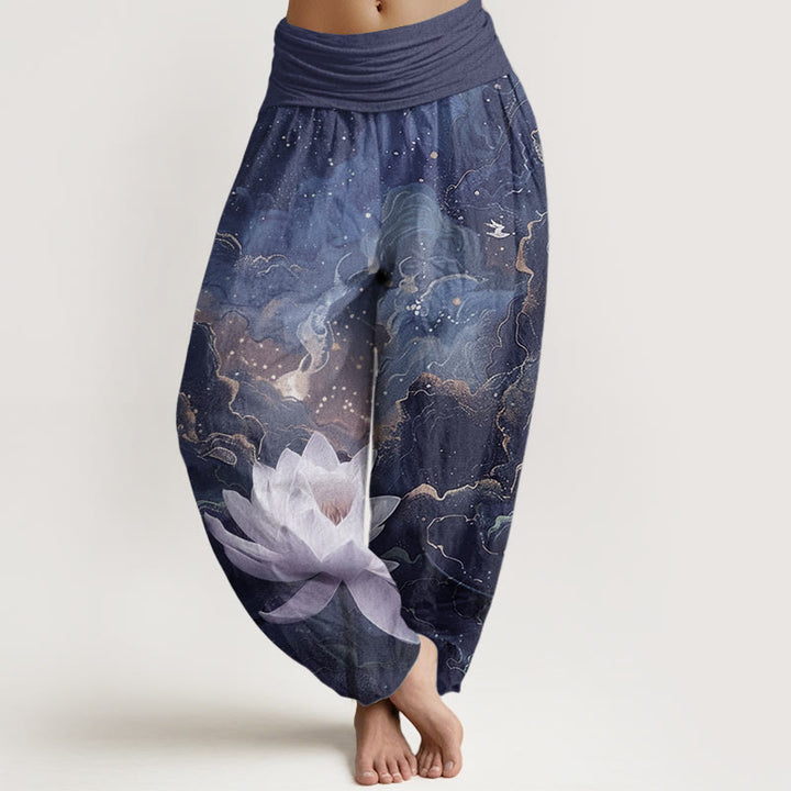 Pantalones Buddha Stones de algodón puro con estampado de loto, cielo estrellado y nubes para mujer, cintura elástica