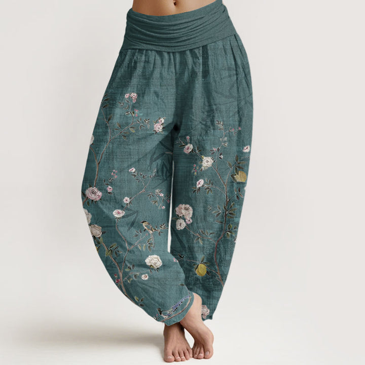Pantalones harén de algodón puro con diseño de flores blancas y rosas de Buddha Stones , hojas de bambú y frutas, con cintura elástica para mujer