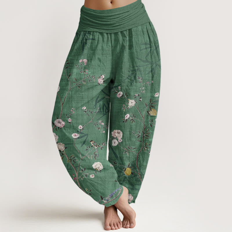 Pantalones harén de algodón puro con diseño de flores blancas y rosas de Buddha Stones , hojas de bambú y frutas, con cintura elástica para mujer