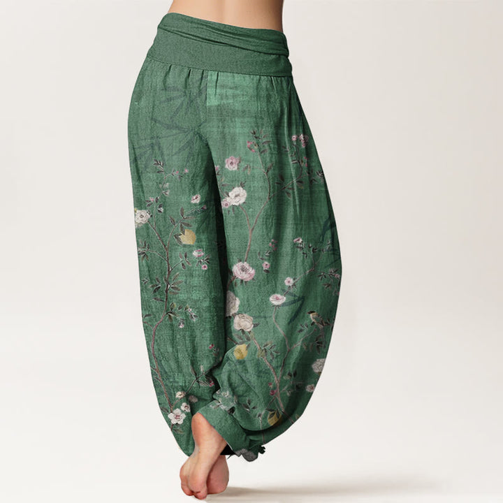 Pantalones harén de algodón puro con diseño de flores blancas y rosas de Buddha Stones , hojas de bambú y frutas, con cintura elástica para mujer