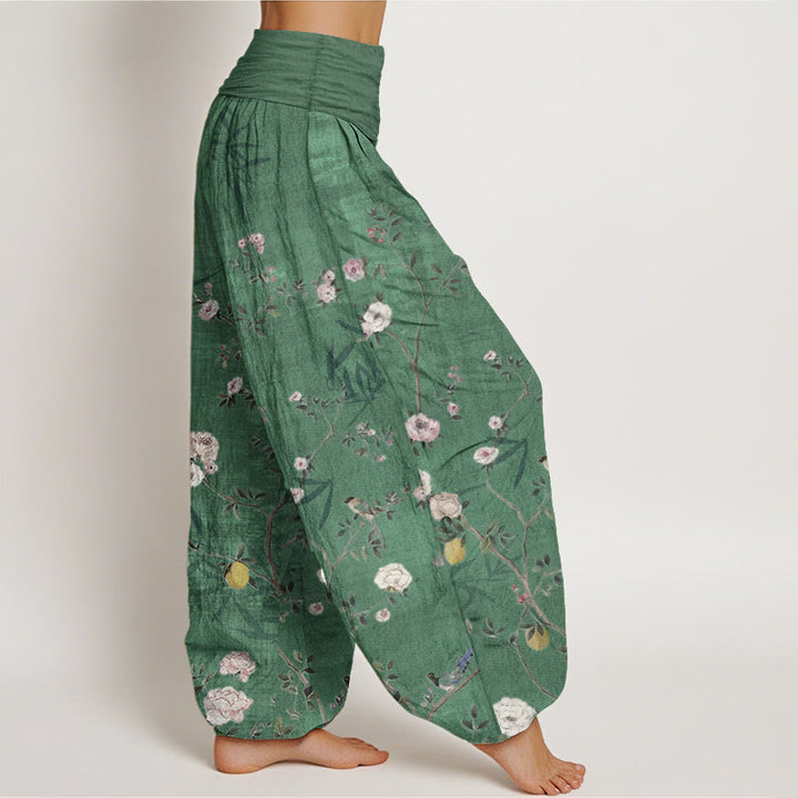 Pantalones harén de algodón puro con diseño de flores blancas y rosas de Buddha Stones , hojas de bambú y frutas, con cintura elástica para mujer