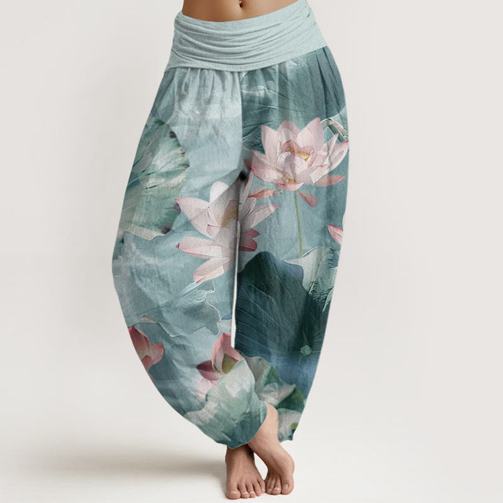 Pantalones harén de Buddha Stones puro con estampado de pétalos de loto y cintura elástica para mujer