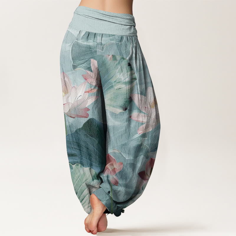 Pantalones harén de Buddha Stones puro con estampado de pétalos de loto y cintura elástica para mujer - image 1