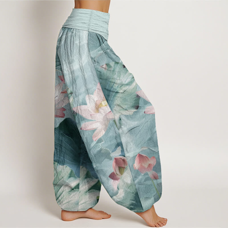Pantalones harén de Buddha Stones puro con estampado de pétalos de loto y cintura elástica para mujer