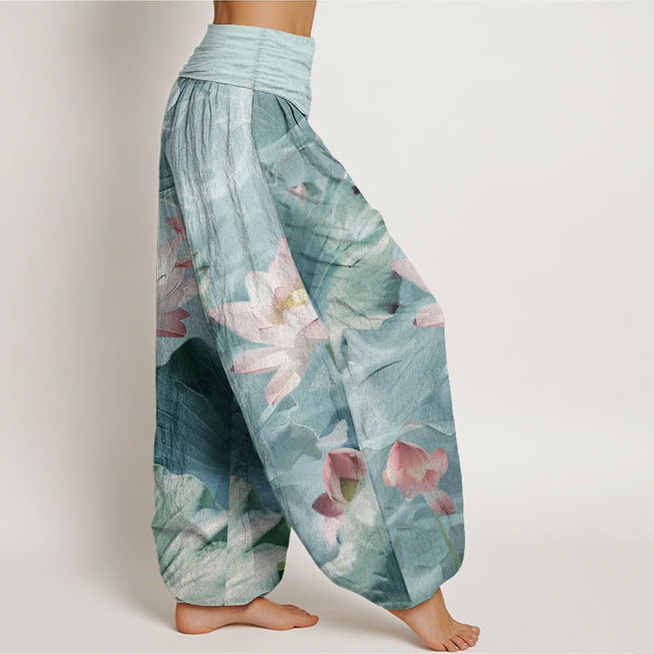 Pantalones harén de Buddha Stones puro con estampado de pétalos de loto y cintura elástica para mujer