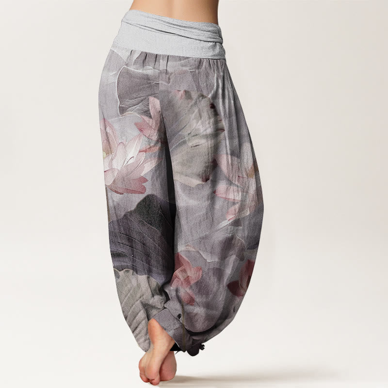 Pantalones harén de Buddha Stones puro con estampado de pétalos de loto y cintura elástica para mujer