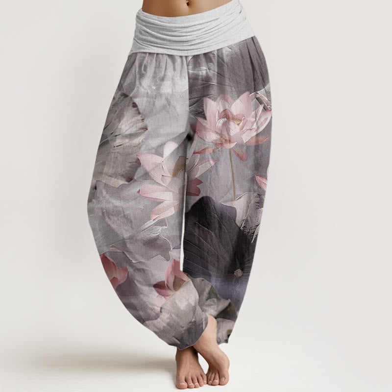 Pantalones harén de Buddha Stones puro con estampado de pétalos de loto y cintura elástica para mujer