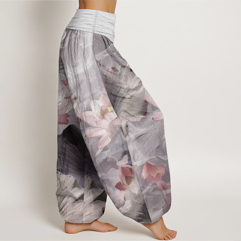 Pantalones harén de Buddha Stones puro con estampado de pétalos de loto y cintura elástica para mujer