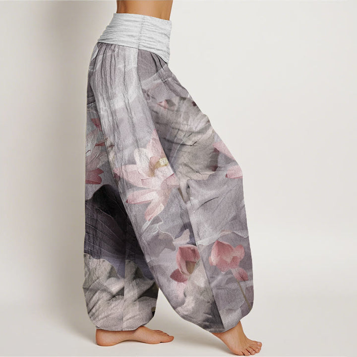 Pantalones harén de Buddha Stones puro con estampado de pétalos de loto y cintura elástica para mujer