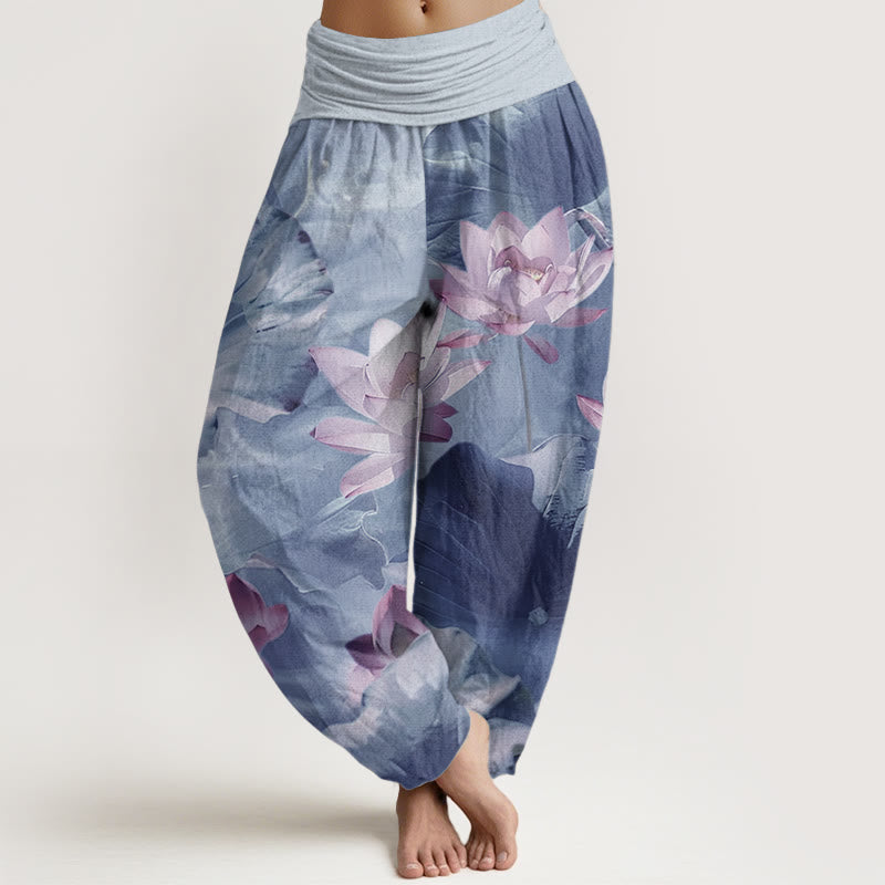 Pantalones harén de Buddha Stones puro con estampado de pétalos de loto y cintura elástica para mujer