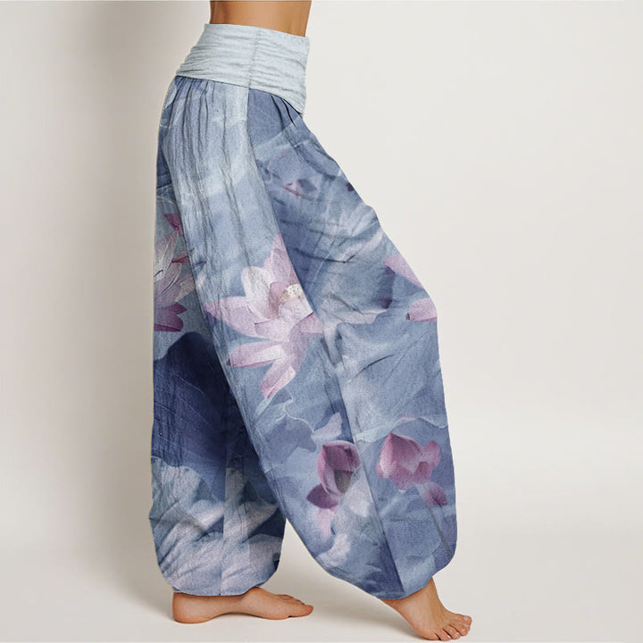 Pantalones harén de Buddha Stones puro con estampado de pétalos de loto y cintura elástica para mujer