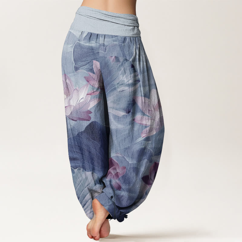 Pantalones harén de Buddha Stones puro con estampado de pétalos de loto y cintura elástica para mujer