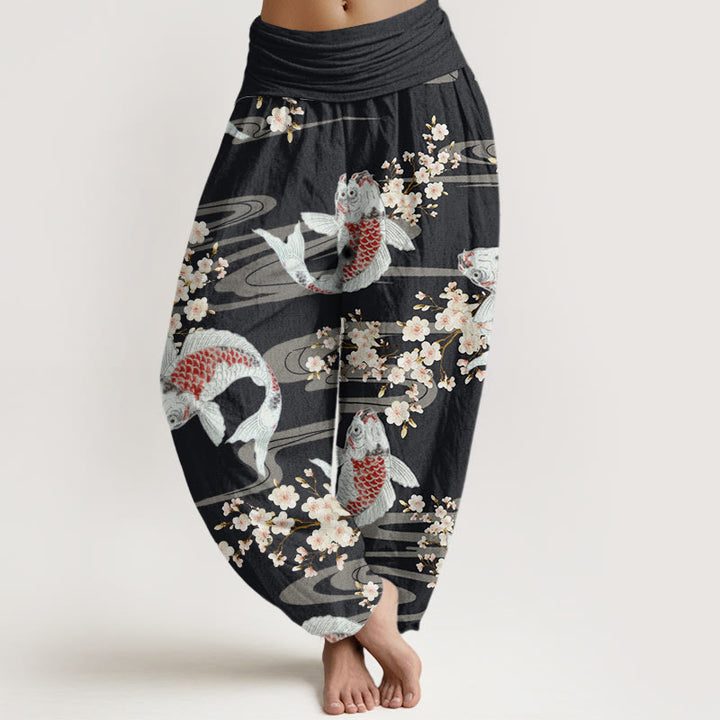Pantalones harén con cintura elástica para mujer, estampados casuales de flores de cerezo y peces koi, de Buddha Stones - Negro - US22，UK/AU26，EU54 (6XL) - image 0