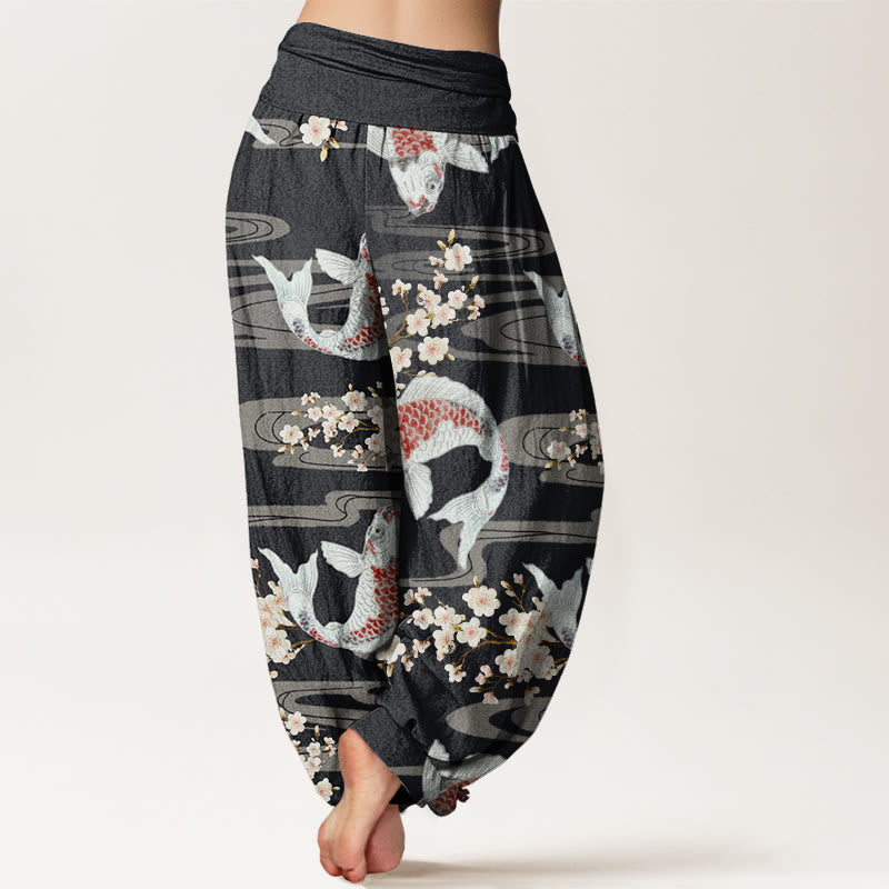 Pantalones harén con cintura elástica para mujer, estampados casuales de flores de cerezo y peces koi, de Buddha Stones - image 3