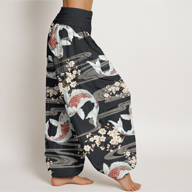 Pantalones harén con cintura elástica para mujer, estampados casuales de flores de cerezo y peces koi, de Buddha Stones - image 1