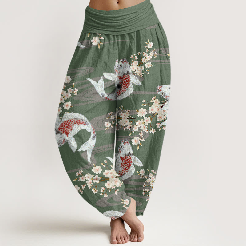 Pantalones harén con cintura elástica para mujer, estampados casuales de flores de cerezo y peces koi, de Buddha Stones - Verde mar oscuro - US22，UK/AU26，EU54 (6XL) - image 4