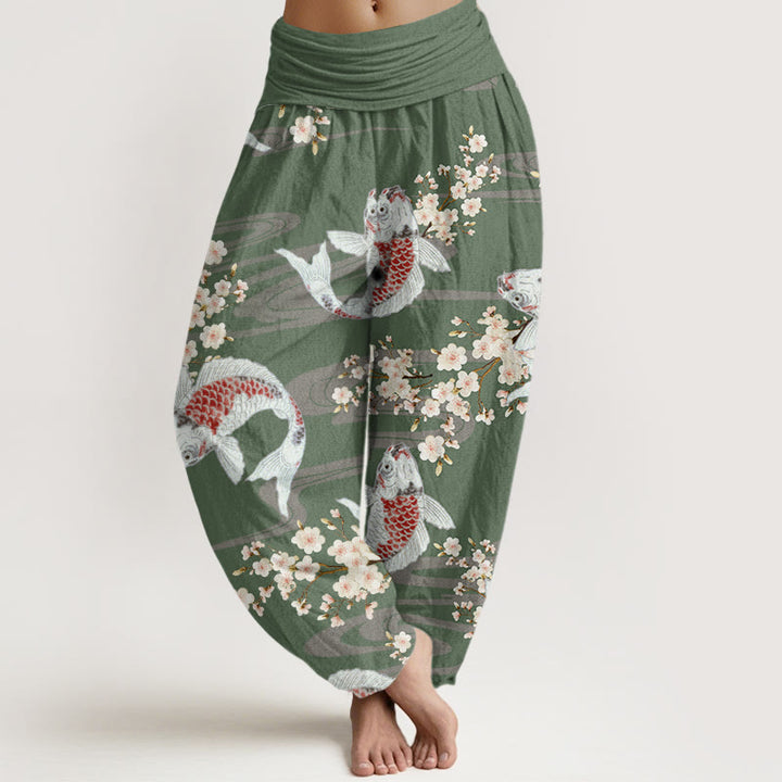 Pantalones harén con cintura elástica para mujer, estampados casuales de flores de cerezo y peces koi, de Buddha Stones - Verde mar oscuro - US22，UK/AU26，EU54 (6XL) - image 4