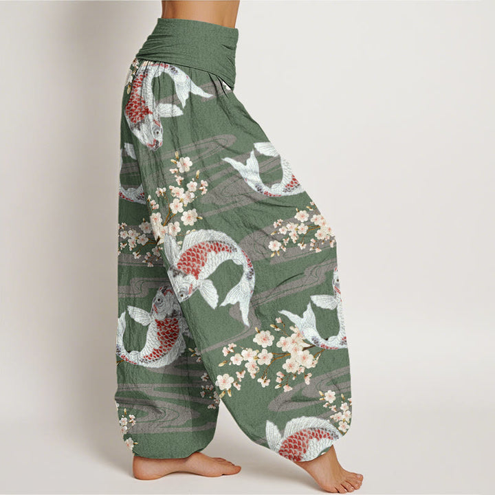 Pantalones harén con cintura elástica para mujer, estampados casuales de flores de cerezo y peces koi, de Buddha Stones - image 6