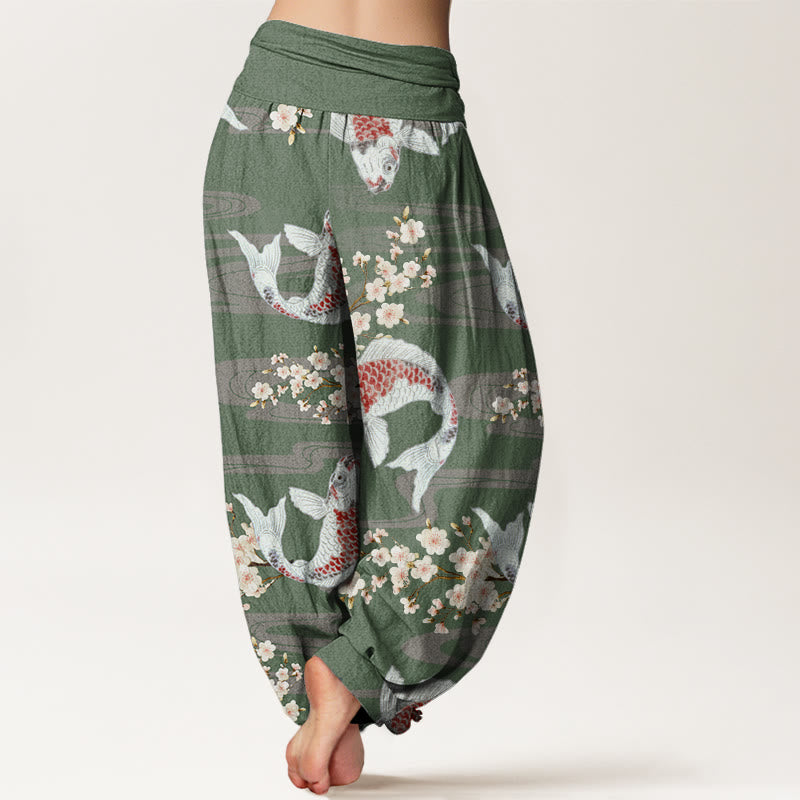 Pantalones harén con cintura elástica para mujer, estampados casuales de flores de cerezo y peces koi, de Buddha Stones - image 6