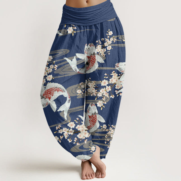 Pantalones harén con cintura elástica para mujer, estampados casuales de flores de cerezo y peces koi, de Buddha Stones - Azul acero - US22，UK/AU26，EU54 (6XL) - image 7