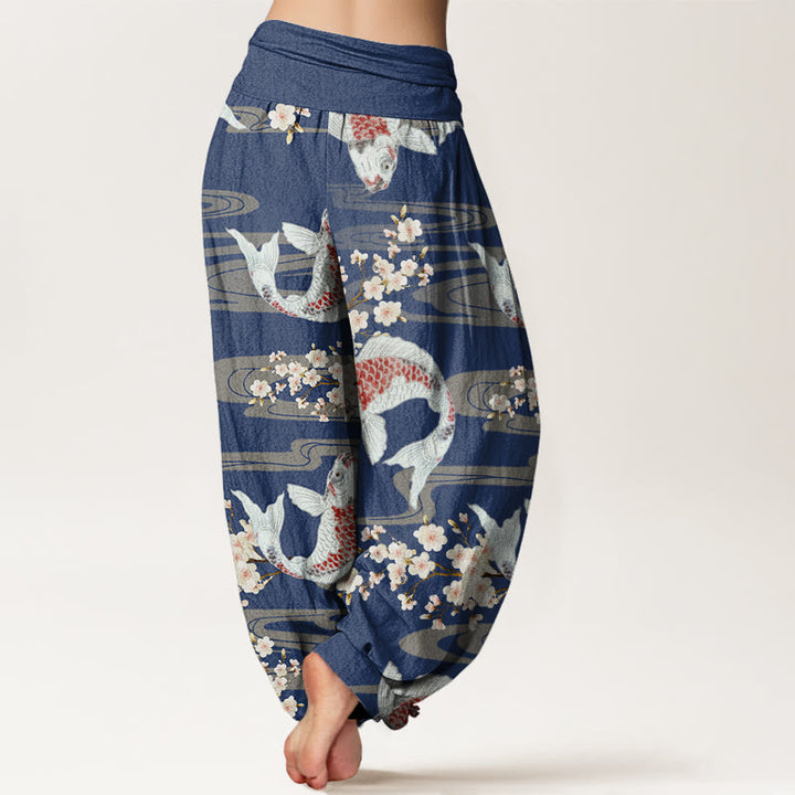 Pantalones harén con cintura elástica para mujer, estampados casuales de flores de cerezo y peces koi, de Buddha Stones - image 9
