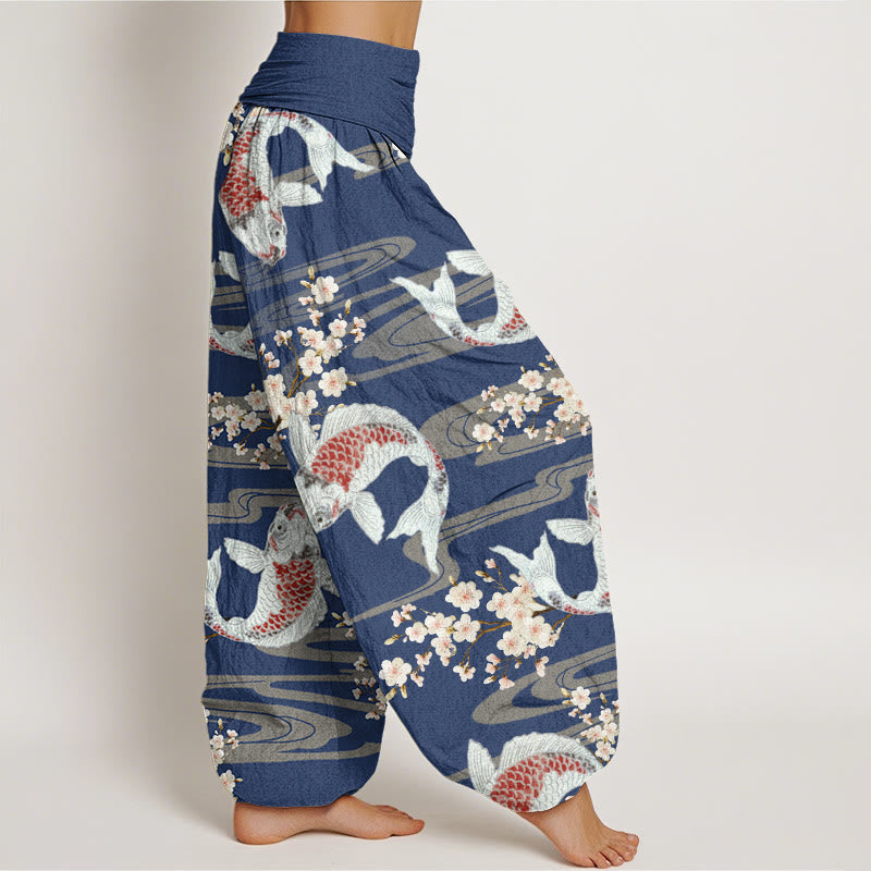 Pantalones harén con cintura elástica para mujer, estampados casuales de flores de cerezo y peces koi, de Buddha Stones - image 9
