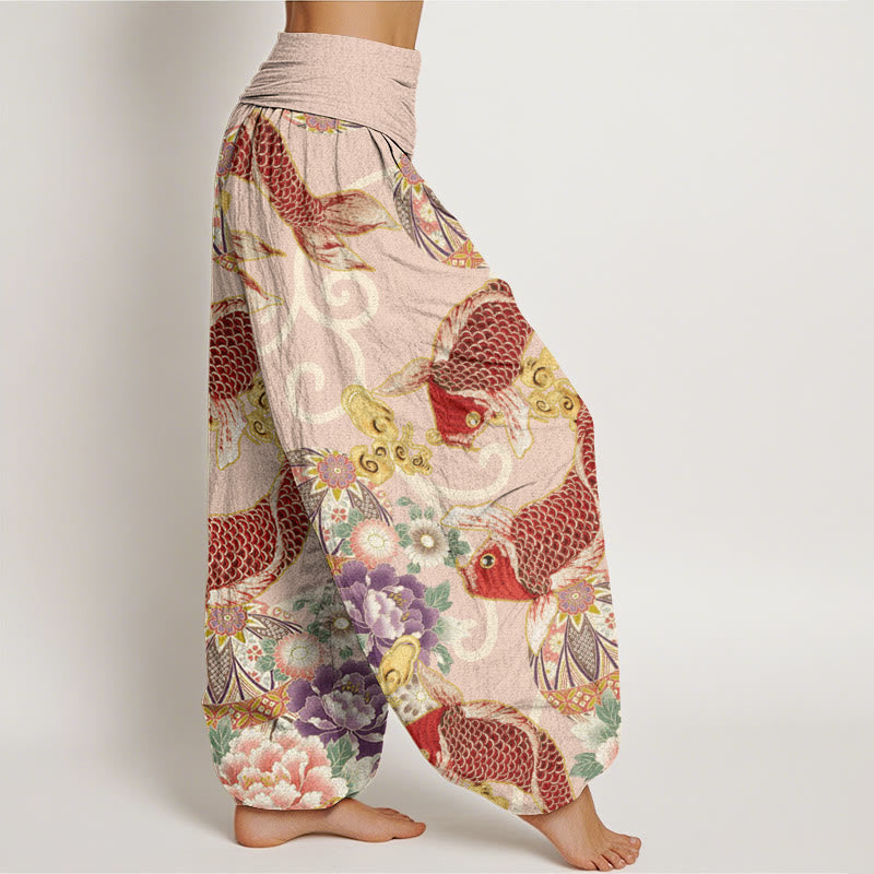 Pantalones harén con cintura elástica para mujer, estampado floral de koi y piedras de Buddha Stones - image 1