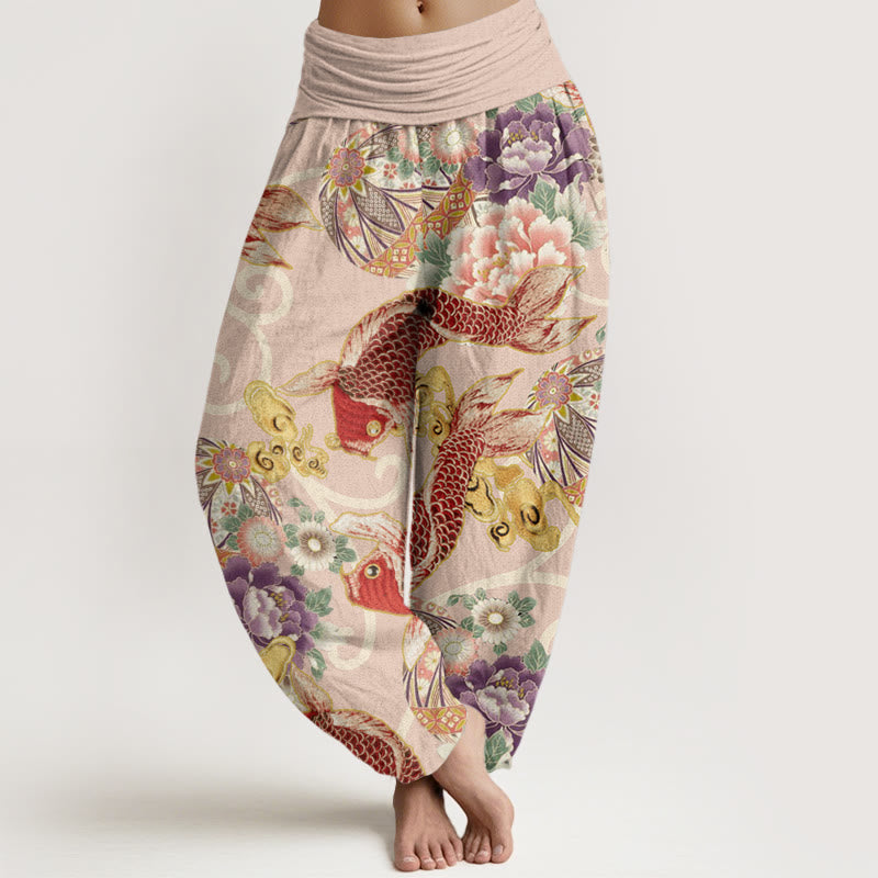 Pantalones harén con cintura elástica para mujer, estampado floral de koi y piedras de Buddha Stones - Rosa - US22，UK/AU26，EU54 (6XL) - image 0