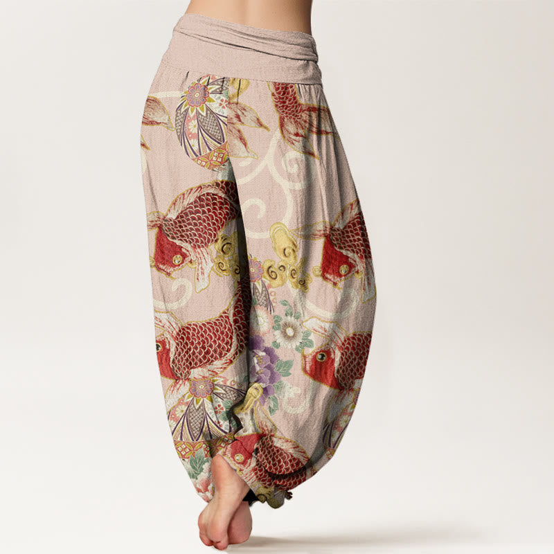 Pantalones harén con cintura elástica para mujer, estampado floral de koi y piedras de Buddha Stones - image 3
