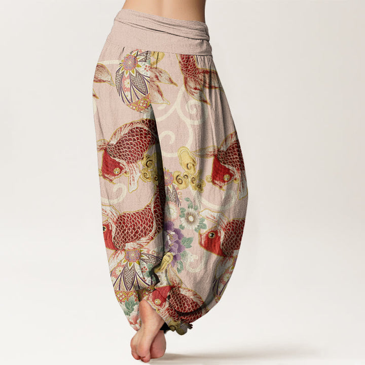 Pantalones harén con cintura elástica para mujer, estampado floral de koi y piedras de Buddha Stones - image 2